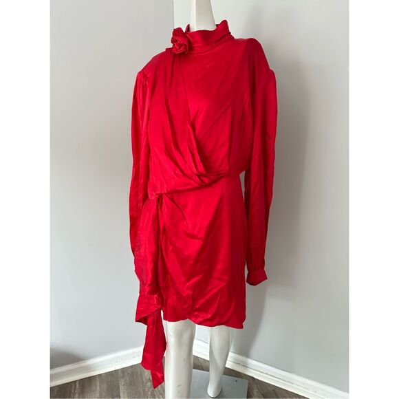 NWT Ronny Kobo Rocky Satin Silk-Blend Long Sleeve Draped Mini Dress Red XL $598 - Picture 5 of 11